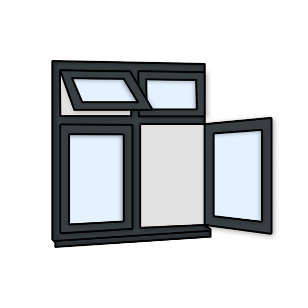 W39 Four-Section Window with Fixed Pane, Side Opening, Push-Out, and Fixed Pane – Kömmerling 70 Profile – 1200x1200mm – Anthracite Grey